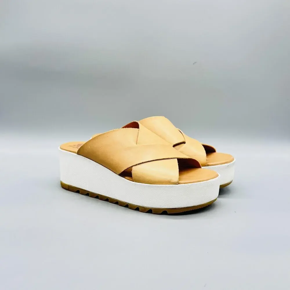 Sorel Sandals Womens 6 Beige Leather Cameron Flatform Mule Wedge Slip On Shoes - Picture 2 of 10